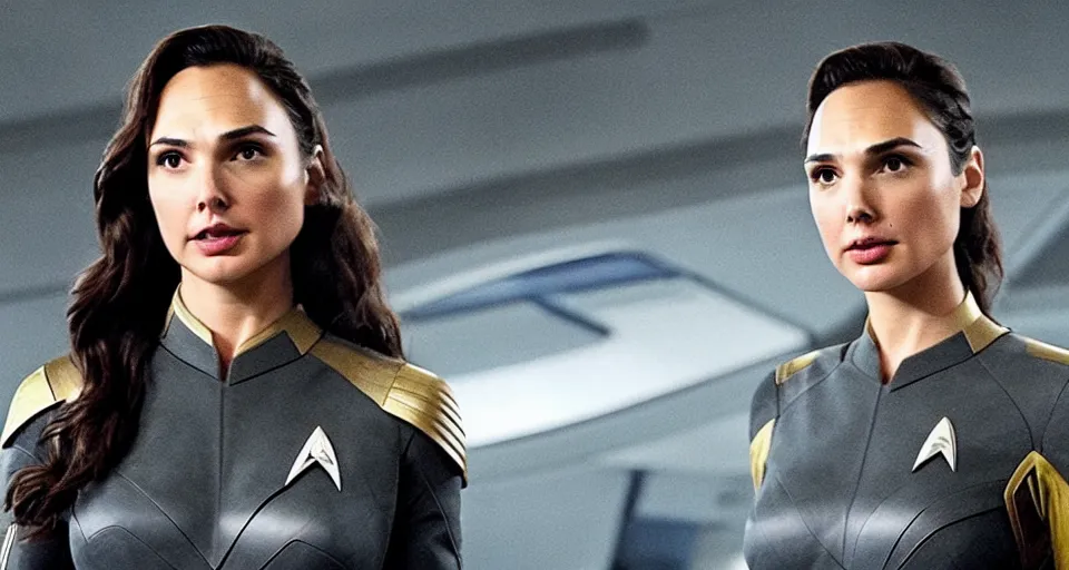 Image similar to Gal Gadot, in full starfleet uniform, is the captain of the starship Enterprise in the new Star Trek movie