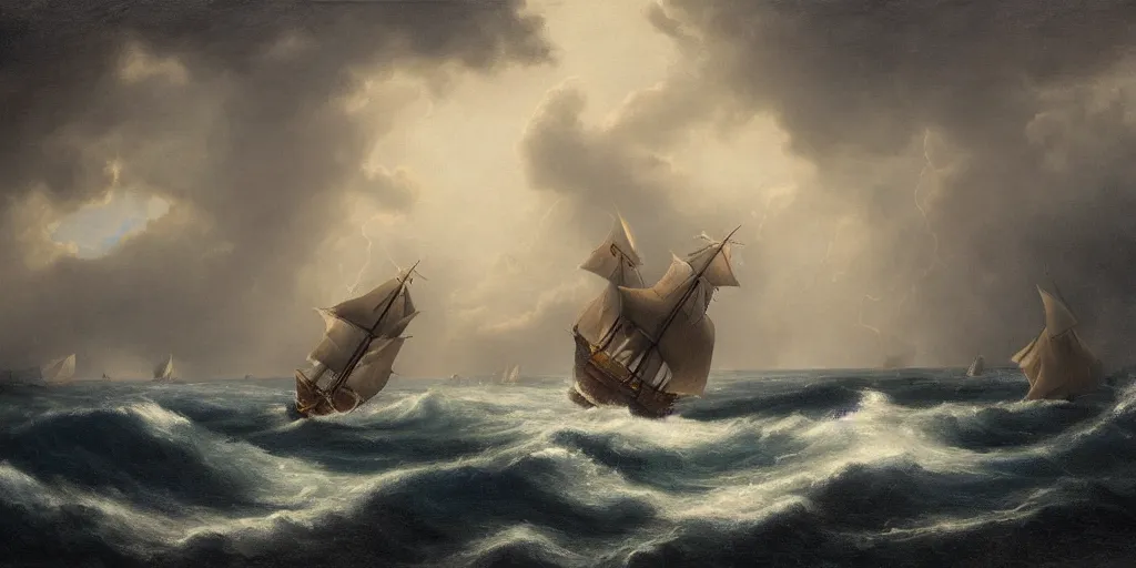 Image similar to a sail powered pirateship sailing through a powerful lighting storm, cliffs can be seen in the background, in the style of hudson river school, trending on art station, done in all blues