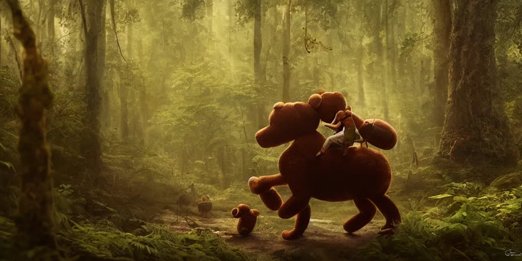 Image similar to a giant ant is riding a giant teddy bear in a forest, moody, cinematic light, art by Greg rutkowski, highly detailed, 8k