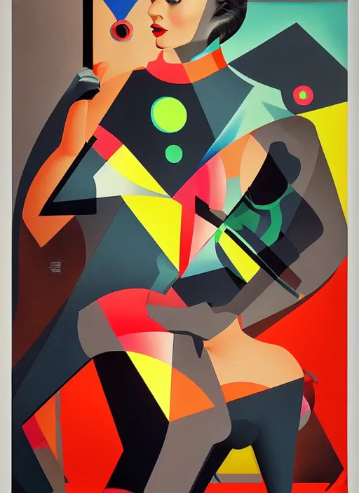 Image similar to futuristic laser girl pinup, by steven meisel, james jean and rolf armstrong, geometric cubist acrylic and airbrush painting with retro and neon colors