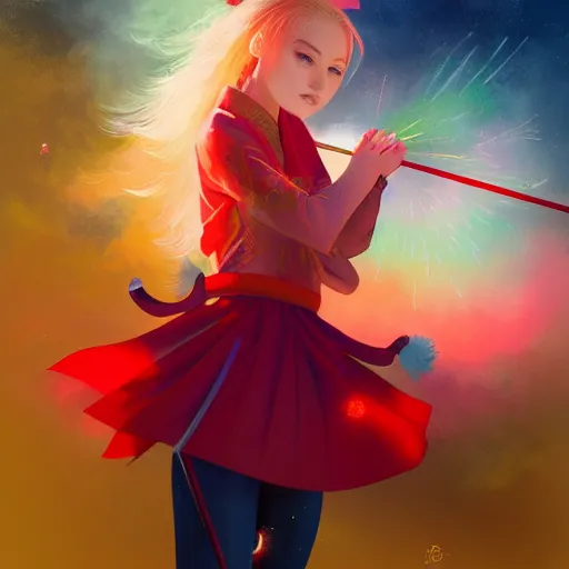 Image similar to colorful and festive captivating teenager girl with blonde hair, red japanese traditional clothes, shooting a firework with bow and arrow at the sky. rich vivid colors, ambient lighting, dynamic lighting, 4 k, atmospheric lighting, painted, intricate, highly detailed by charlie bowater