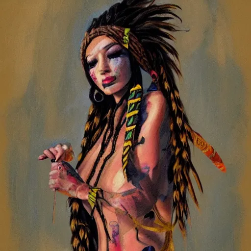 Prompt: painting of beautiful woman, shaman, shamanic atmo, artstation, yakuza tattoo
