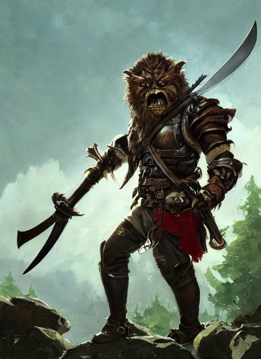 Image similar to photorealistic bugbear ranger holding sword on fire, magic, black beard, dungeons and dragons, pathfinder, roleplaying game art, hunters gear, jeweled ornate leather and steel armour, concept art, character design on white background, by sargent, norman rockwell, makoto shinkai, kim jung giu, artstation trending, poster art, colours red