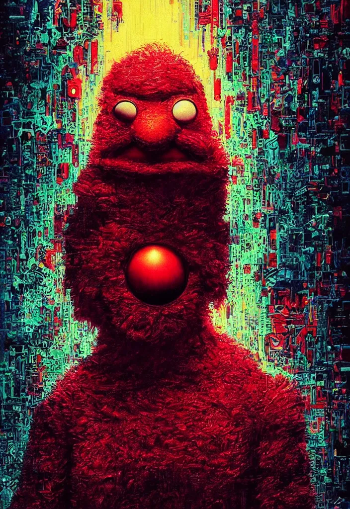 Image similar to portrait of Elmo in the Matrix 2000. intricate abstract. intricate artwork. by Tooth Wu, wlop, beeple, dan mumford. octane render, trending on ArtStation, greg rutkowski, very coherent symmetrical artwork. cinematic, hyper realism, high detail, 8k, iridescent accents