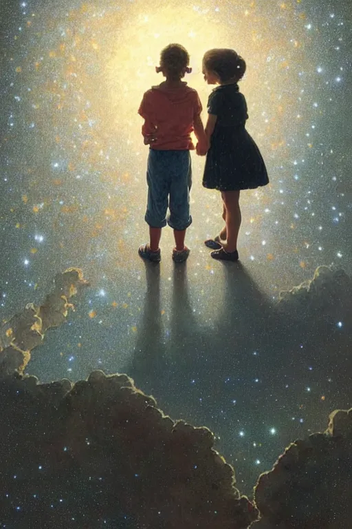 Prompt: a 1 2 year old boy and 1 0 year old girl looking at a wall and viewing the universe full of galaxies, part by norman rockwell, part by greg rutkowski, part by mattias adolfsson, high angle, ( ( ( ( volumetric lighting ) ) ) ), oil on canvas