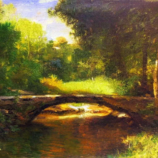 Prompt: a small bridge going over a narrow river stream in a summer forest, Impressionism painting, dramatic, sunlight rays