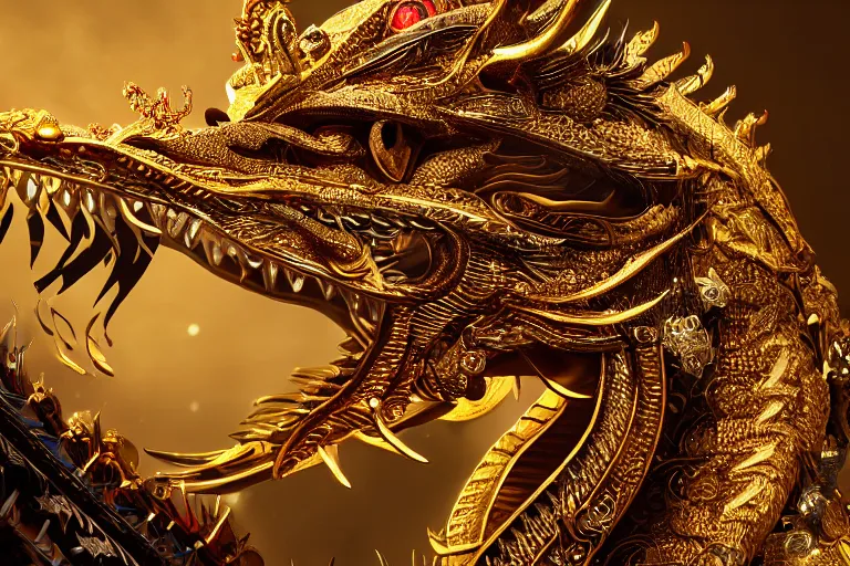 Image similar to cinematic closeup portrait of a gold and silver chinese dragon intricately decorated with colorful jewels, detailed textures, nighttime city lights, strong bokeh, dramatic lighting, unreal engine, cgsociety, artstation, 4k