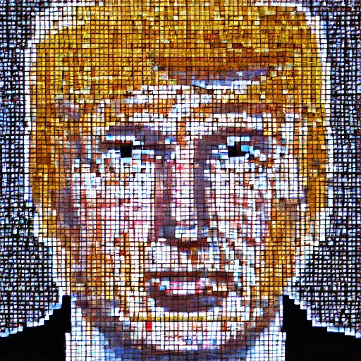 Image similar to portrait mosaic of trump with robot eyes, 4k, intricate details, digital, sun in the background