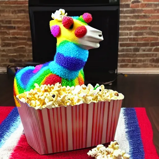 Image similar to photo of a rainbow llama eating popcorn and watching tv