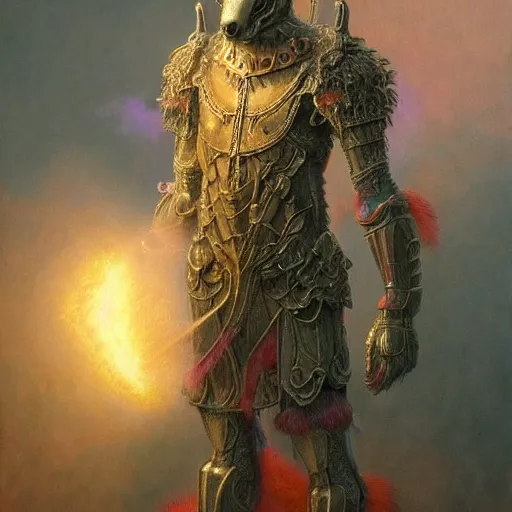Image similar to anthropomorphic wolf, bismuth rainbow metal armor, standing, cementary, fantasy 3 d render, masterpiece, red aura, by donato giancola and greg rutkowski and wayne barlow and zdzisław beksinski, realistic face