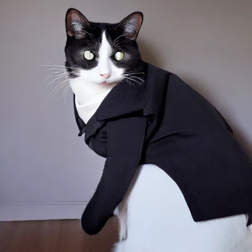 Prompt: an cat wearing a black buttoned jacket with a white scarf