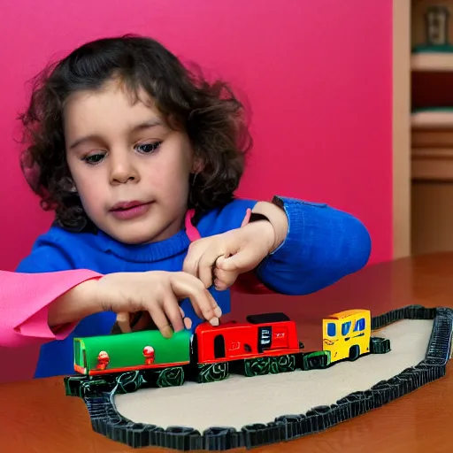 Image similar to alfredo perez rubalcaba playing with train toys