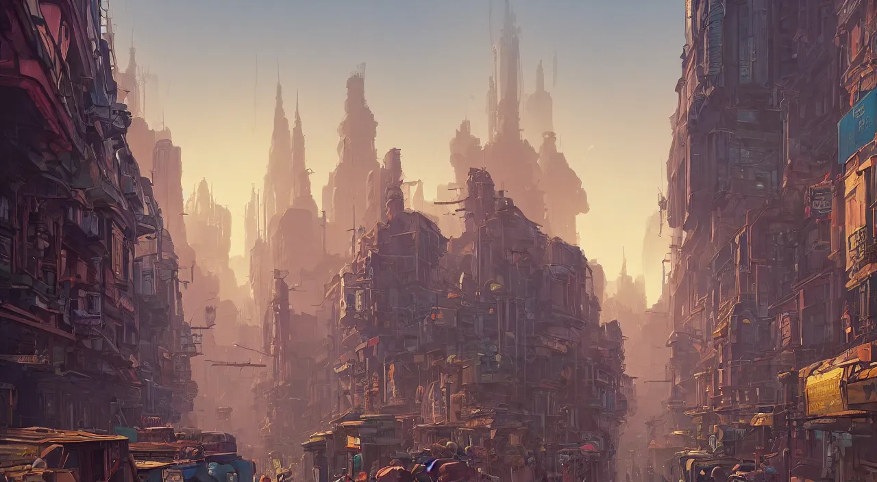 Prompt: an street level painting with high detail, ground level, sci - fi colorful victorian megacity at golden hour with sharp shadows by tyler edlin and sparth, 4 k, vray, art nouveau influences. roger deakins, cinematic cinematography.