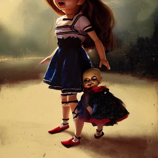 Prompt: the doll annabelle hitting the doll chucky in the face, epic mma fight, dramatic poses, cinematic, disneyland as backdrop, oil painting, by greg rutkowski