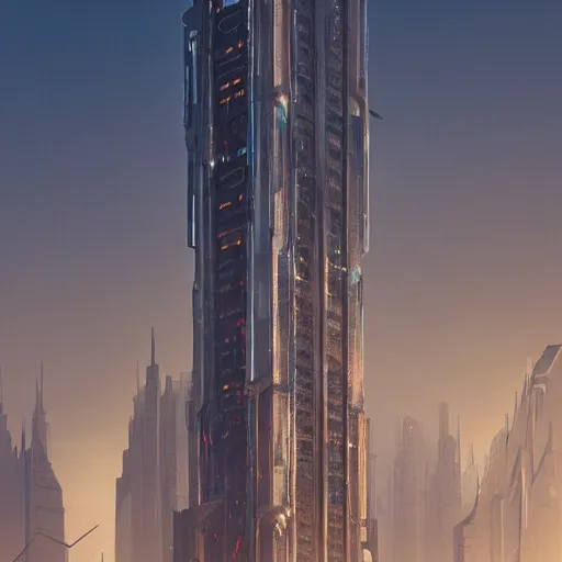 Image similar to A professional digital painting of monumental vertical building with spikes, by Greg Rutkowski and James Gurney, trending on Artstation, deviantart, sci-fi, cyberpunk, futuristic, ultra detail, octane render