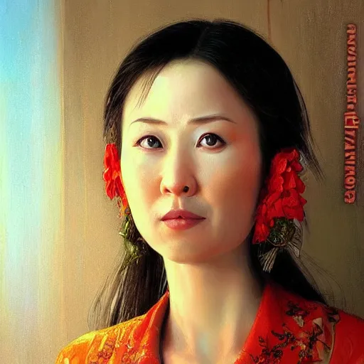 Prompt: portrait of an asian russian woman ( 3 5 ) from chabarovsk, russia in 2 0 2 1, an oil painting by ross tran and thomas kincade