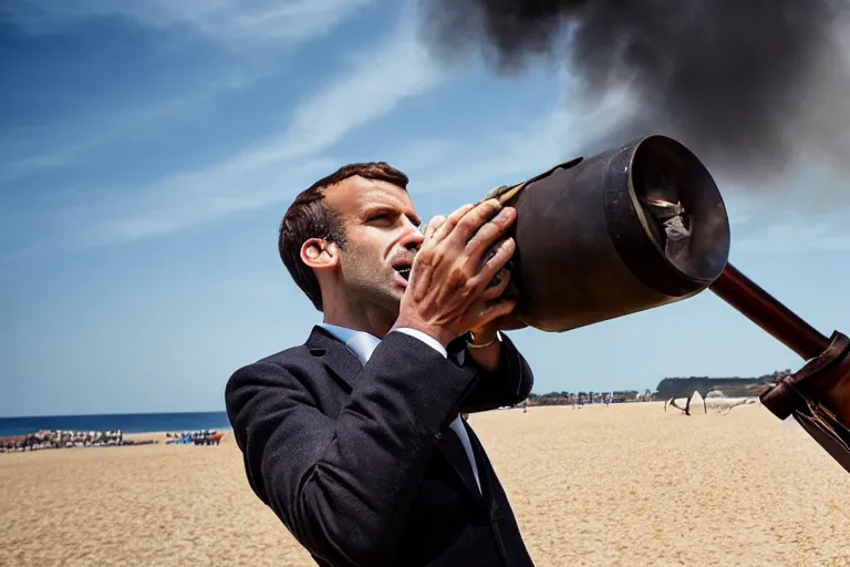 Image similar to closeup portrait of emmanuel macron firing a cannon at england at the beach, natural light, sharp, detailed face, magazine, press, photo, steve mccurry, david lazar, canon, nikon, focus