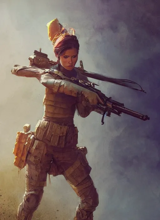 Image similar to hyper realistic painting of fantasy soldier girl, full body, rule of thirds, conceptart, saturated colors, cinematic, greg rutkowski, brom, james gurney, mignola, craig mullins, alan lee