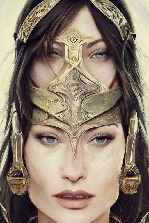 Image similar to a professionally painted portrait of Olivia Wilde, clothed in ancient battle armor, olive skin, long dark hair, beautiful bone structure, symmetrical facial features, stunningly beautiful, intricate, elegant, digital painting, trending on Artstation, concept art, smooth, sharp focus, illustration, from Metal Gear by Ruan Jia and Mandy Jurgens and Artgerm and William-Adolphe Bouguerea, award winning