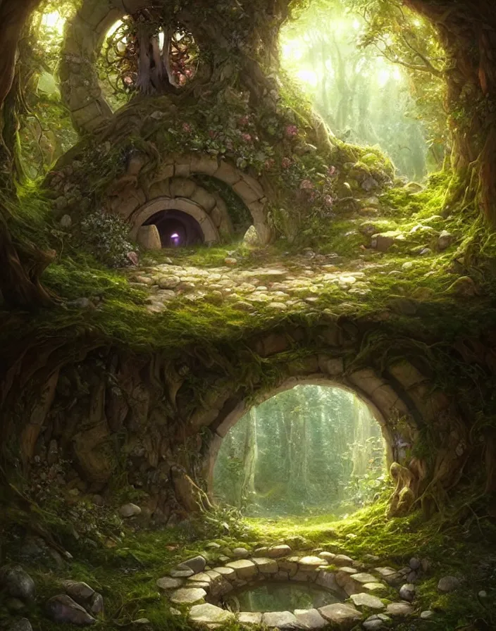 Image similar to Fantasy Magical fairy-tale stone portal in the forest. Round stone portal teleport in trees to other worlds. Fantastic landscape. Magic Altar in the fores, highly detailed, digital painting, artstation, concept art, smooth, sharp focus, illustration, art by artgerm and greg rutkowski and alphonse mucha