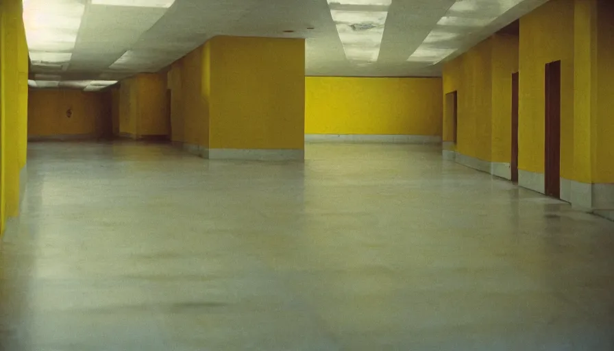 Prompt: 60s movie still of a sovietic stalinist style empty hallway with yellow tiles, cinestill 800t 50mm eastmancolor, liminal Space style, heavy grain