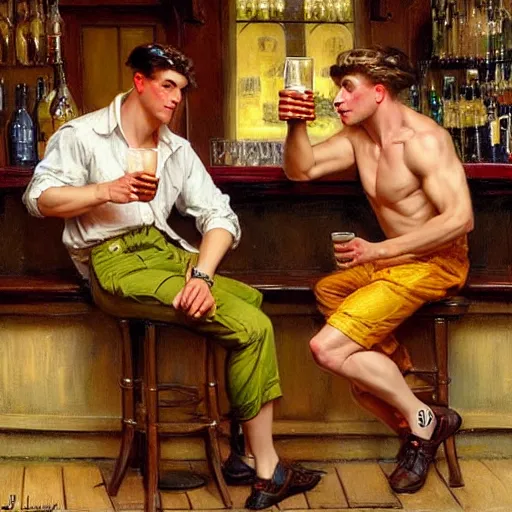 Prompt: attractive maculine male with brunet hair and attractive masculine male with blond hair. pants and shorts, drinking their hearts out, in a pub. highly detailed and very defined painting by j. c. leyendecker, gaston bussiere, craig mullins 8 k