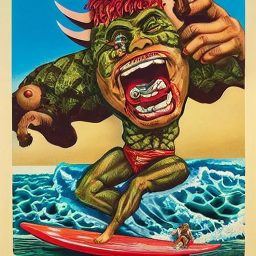 Image similar to A rampaging giant tropical tiki, stomping on cars and holding a screaming woman in his hand lurid surf art style, high detail,