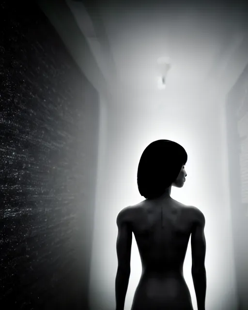 Image similar to black and white high quality photo of a beautiful futuristic female human-cyborg looking into a sci-fi mirror, volumetric lighting, liminal space, brutalism, foggy, dreamy, hyperdetailed, bokeh, photorealistic, cinematic, masterpiece, Metropolis, elegant, dark, octane render, 8K, in the style of Dora Maar