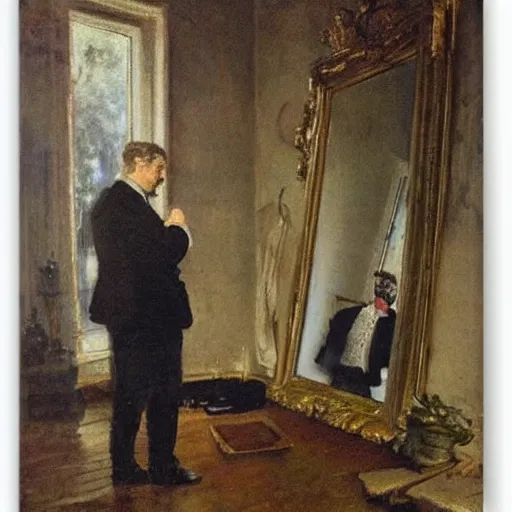 Prompt: gentleman watching in horror as an evil ghost exits a mirror by alfred stevens