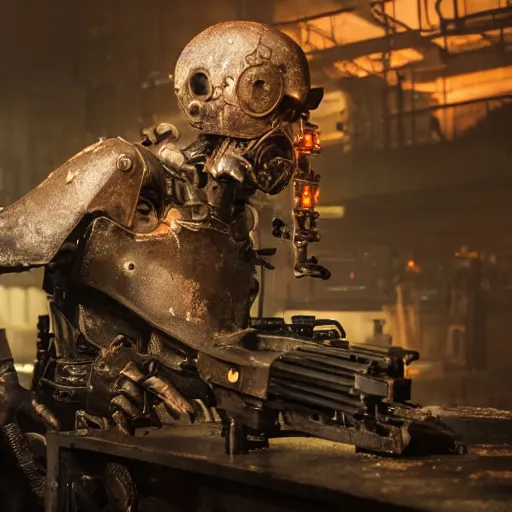 Prompt: augmented human repairing weapon made from old egg beater, dark messy smoke - filled cluttered workshop, dark, dramatic lighting, orange tint, cinematic, highly detailed, sci - fi, futuristic, movie still from blade runner