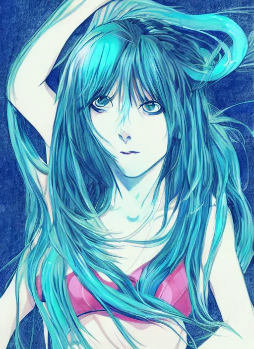 Image similar to a woman with blue hair sitting underwater, a beautiful anime drawing by yuumei, featured on pixiv, rayonism, pixiv, seapunk, very anime anime!! detailed