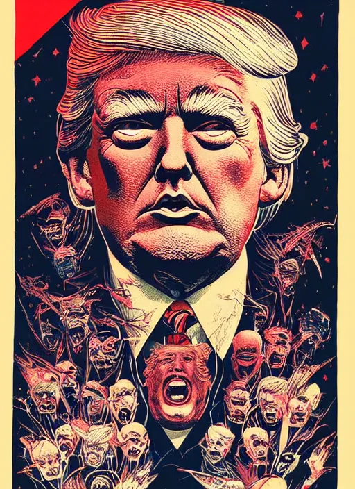 Image similar to risograph of donald trump's grotesque true form revealed, horror, high details, intricate details, by vincent di fate, artgerm julie bell beeple, 1 9 8 0 s, inking, vintage 8 0 s print, screen print