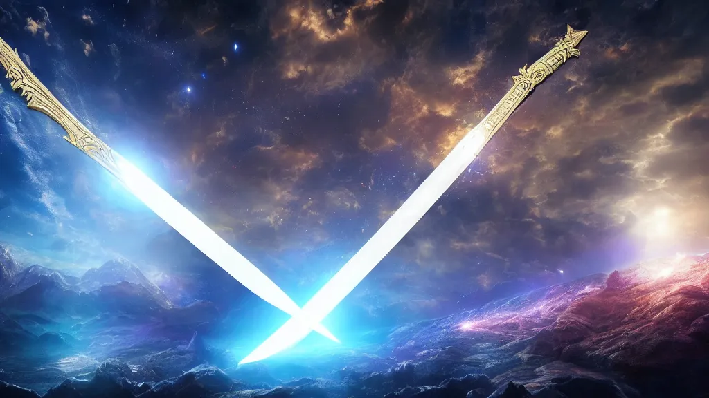 Prompt: a huge divine sword breaks the universe open, hd, hdr, ue 5, ue 6, unreal engine 5, cinematic 4 k wallpaper, 8 k, ultra detailed, high resolution, artstation, award winning