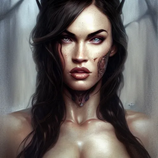 Image similar to portrait of megan fox, muscular upper body, fantasy, intricate, elegant, highly detailed, digital painting, artstation, concept art, matte, sharp focus, illustration, art by aenaluck and roberto ferri and greg rutkowski, epic fantasy, digital painting