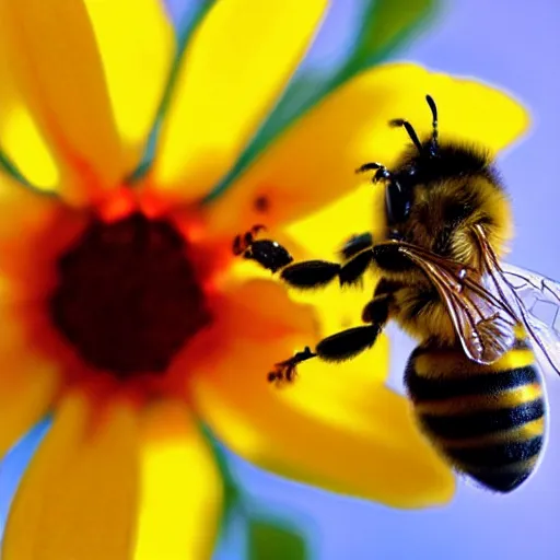 Prompt: a bee trying to reach a flower made of ice, beautiful macro photography, ambient light