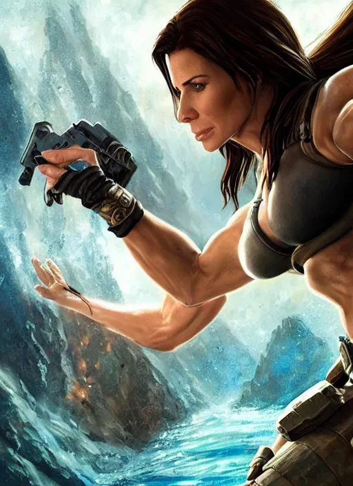 Image similar to muscled Sandra Bullock as Lara Croft as a ruggedly handsome heroine looking directly into the camera, jumping off a glowing artifact lodged in shallow blue glowing water, intricate, elegant, highly detailed, artstation, concept art, smooth, sharp focus, illustration, bokeh art by artgerm and donato giancola and Joseph Christian Leyendecker, WLOP, fireflies, distant snowstorm and thunder