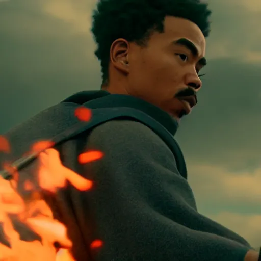 Image similar to cinematic film still of Chance The Rapper starring as a Samurai holding fire, Japanese CGI, VFX, 2022, 40mm lens, shallow depth of field, film photography