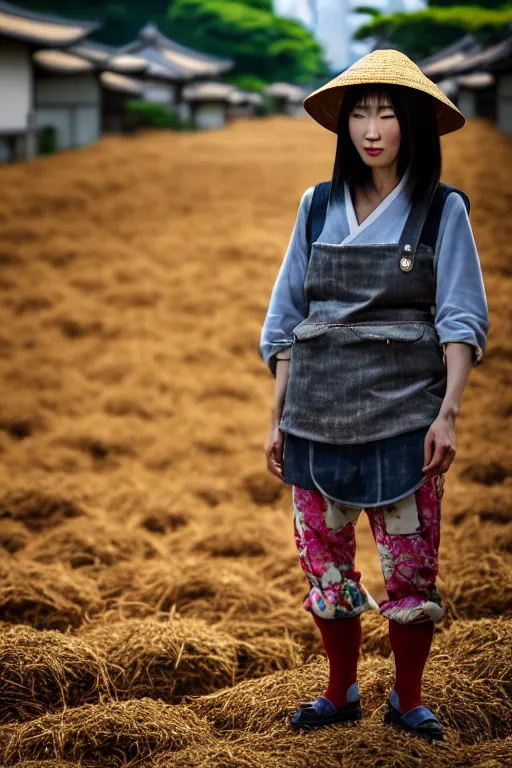 Image similar to japanesse farmer, cinematic view, bokeh, extreme detailed, vogue photo style, proportional, dynamic composition, face features, comfort posse, smooth, sharp focus, body features, ultra realistic, award winning photo, captured by nikon d 8 5 0, 4 5. 7 mp lens, 4 k, full body.