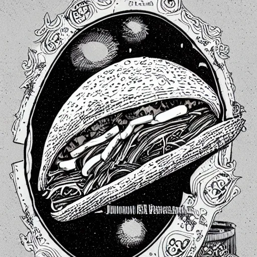 Image similar to pulled pork sandwich, artwork of joe fenton