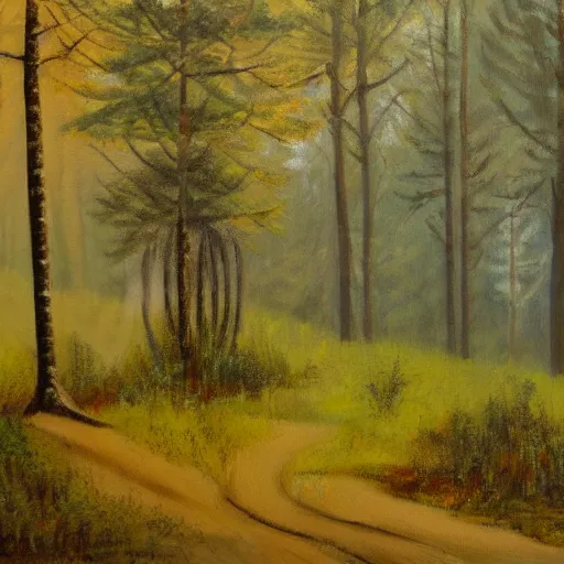 Prompt: an oil painting of a foggy forest with a spring and a deer