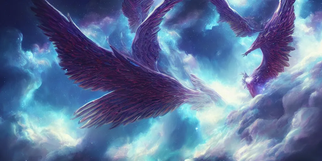 Prompt: a cosmic winged beast with majestic nebula wings, concept art, digital illustration, trending on artstation, deviantart, artgerm, epic composition, masterpiece, highly detailed, advanced technique, ambient lighting, wlop, ross draws