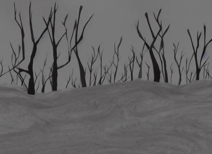 Prompt: stark minimalist charred wooded snowdrift landscape from mulan ( 1 9 9 8 )