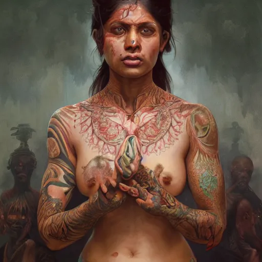 Prompt: zoomed out portrait painting of a muscular bloodied bengali woman, tattooed, lower back, ultra realistic, concept art, intricate details, eerie, highly detailed, photorealistic, octane render, 8 k, unreal engine. art by artgerm and greg rutkowski and alphonse mucha