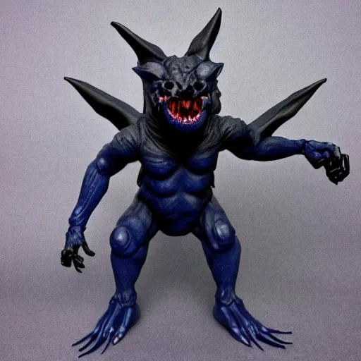 Image similar to detailed full body of scary giant mutant dark blue humanoid pygmy-bat, glowing red eyes, sharp teeth, acid leaking from mouth, realistic, giant, bat ears, bat nose, furred, detailed, 85mm f/1.4