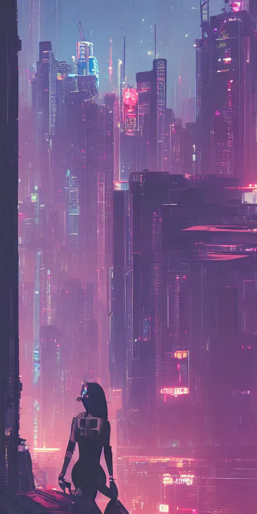 Image similar to cyberpunk girl on a roof, looking up at cityscape of vertical cyberpunk city with high towers, shanghai, by Alena Aenami and blade runner and akira, trending on Artstation,