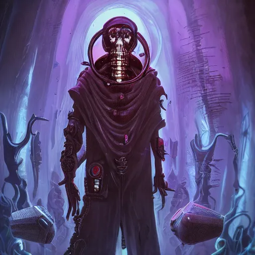 Prompt: cyberpunk undead lich ilithid mindflayer wearing headphones and playing synthesizers, D&D, laser lights, highly detailed, realistic, technology and magic,