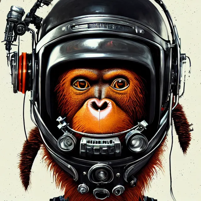 Prompt: a portrait of an anthropomorphic cyberpunk orangutan in a motorcycle helmet by sandra chevrier, detailed render, tape deck, boombox, headphones, epic composition, cybernetics, 4 k realistic, cryengine, realistic shaded lighting, sharp focus, masterpiece, by matteo scalera, gary montalbano, peter elson in the style of the tokyo ghost comic