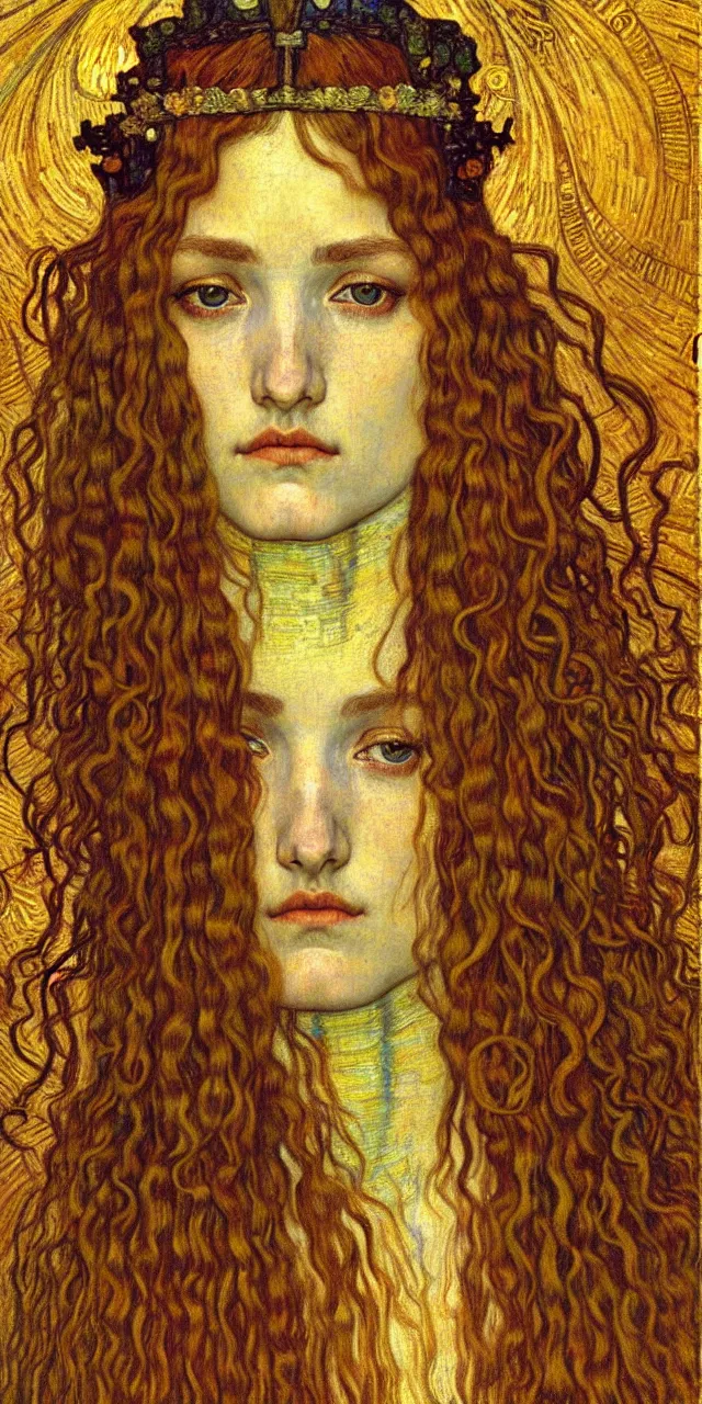 Image similar to detailed realistic beautiful young medieval queen face portrait by jean delville, gustav klimt and vincent van gogh, art nouveau, symbolist, visionary, gothic, pre - raphaelite, muted earthy colors, desaturated