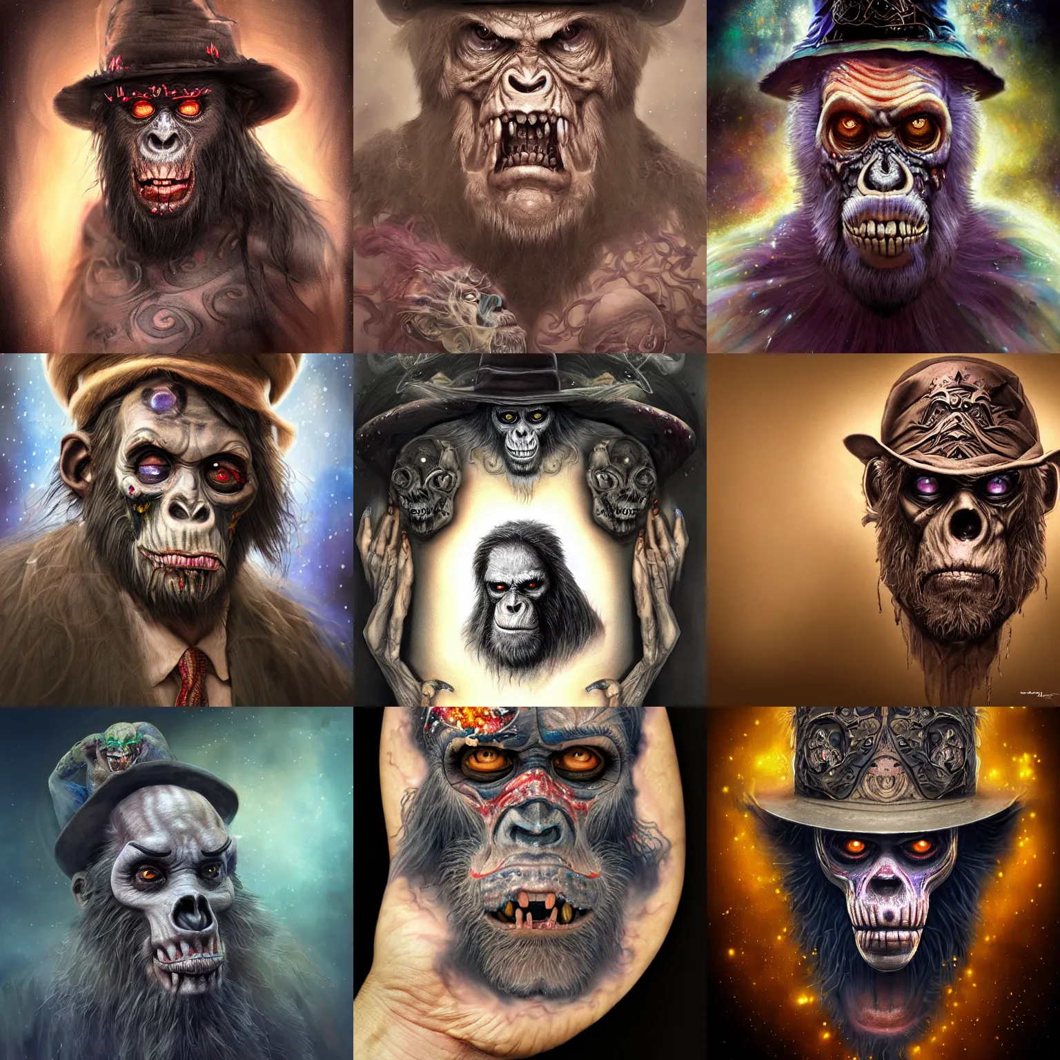 Prompt: a wlop 3 d render of very very very very highly detailed beautiful mystic portrait of a phantom zombie ape in a hat with whirling galaxy around, tattoos by anton pieck, intricate, extremely detailed, digital painting, artstation, concept art, smooth, sharp focus, illustration, intimidating lighting, incredible art,