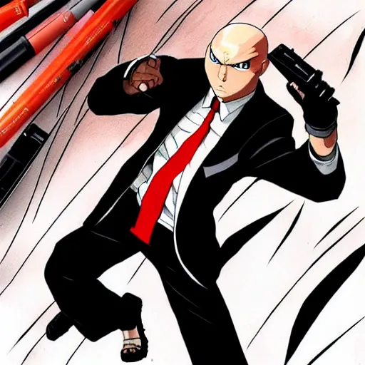 Image similar to Agent 47 in a scene from naruto, artstationhd, concept art, smooth, sharp focus, illustration, pen and ink and copic markers, art by Viroie and moebius